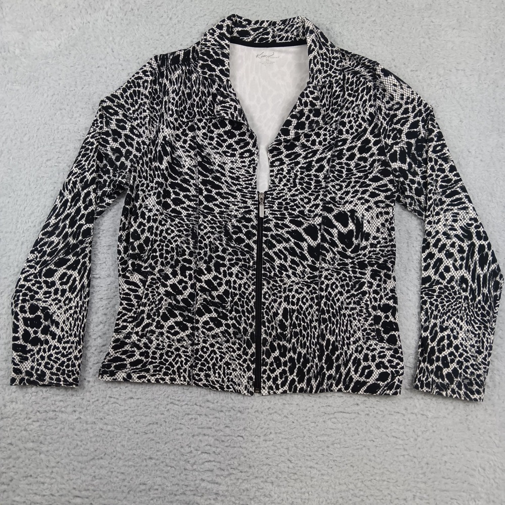 Kim Rogers Jacket Womens XL Black White Animal Print Full Zip Stretch Casual